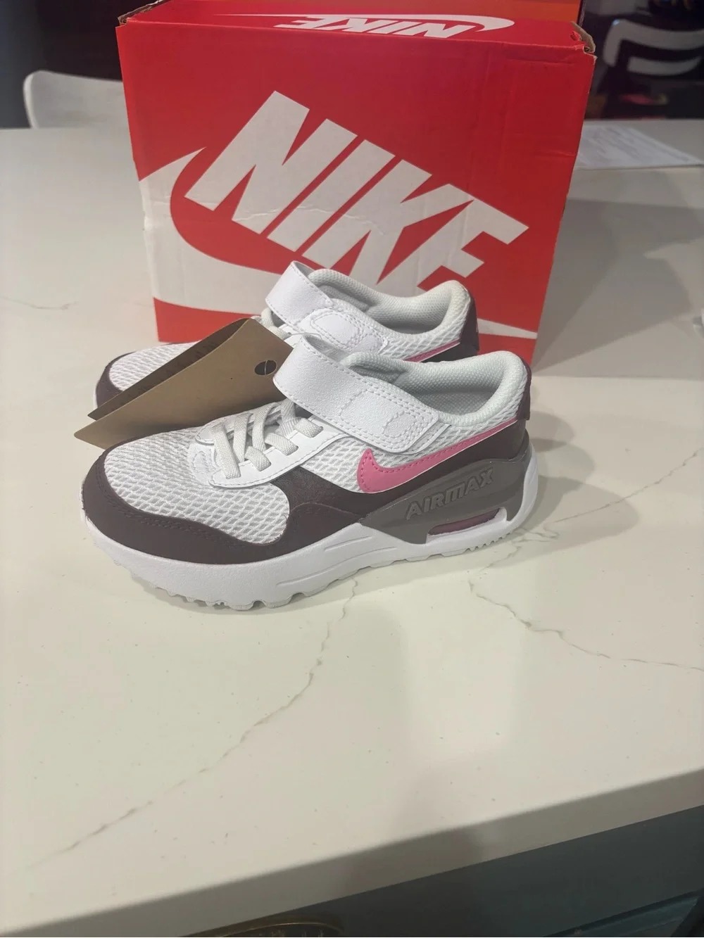 Nike Kids White and Brown Sneakers with Pink Swoosh